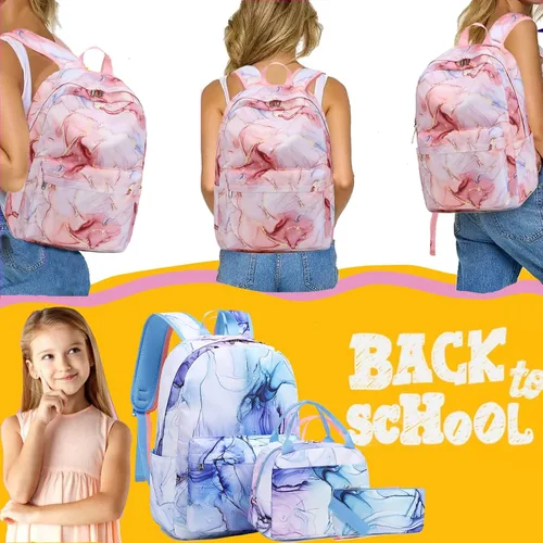 Miniatura 2 de Jumpopack Mochila escolar para adolescentes y niñas, mochila con lonchera, mochilas para niños para escuela primaria, bolsa de libros (azul mármol)