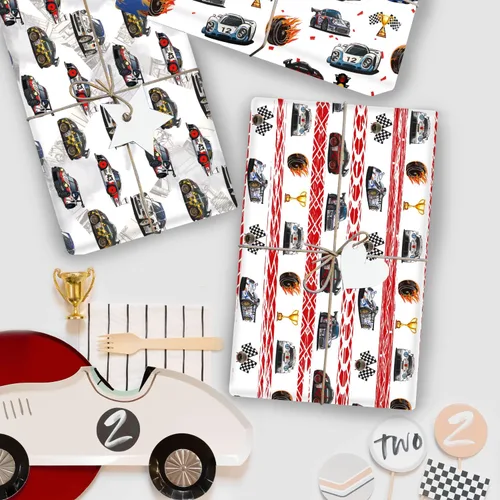Miniatura 5 de Mpanwen Papel de regalo de auto de carreras para niños y niños, 12 hojas de papel de regalo de carreras para Navidad, cumpleaños, vacaciones, 20 x
