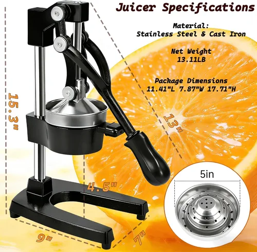 Miniatura 2 de Exprimidor manual de hierro fundido, exprimidor manual de alta resistencia, prensa manual fácil de limpiar, exprimidor de jugo manual para cítricos