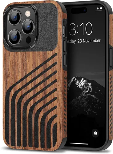 Miniatura 10 de TENDLIN Funda Magnética Compatible con iPhone 14 Plus Funda de Madera con Textura de Fibra de Carbono Diseño Híbrido de Cuero Cubierta Delgada Negro