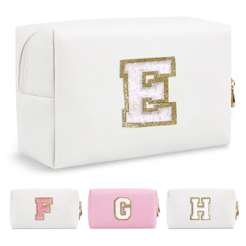 Miniatura 258 de Pequeña bolsa de maquillaje personalizada con inicial A-Z Preppy Patch, bolsa de cosméticos de viaje de felpilla blanca con cremallera, bonita bolsa