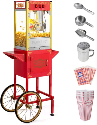Máquina de palomitas de maíz ROVSUN estilo cine con carro y ruedas, hervidor de 8 onzas, hace hasta 32 tazas, con cuchara para palomitas, cuchara