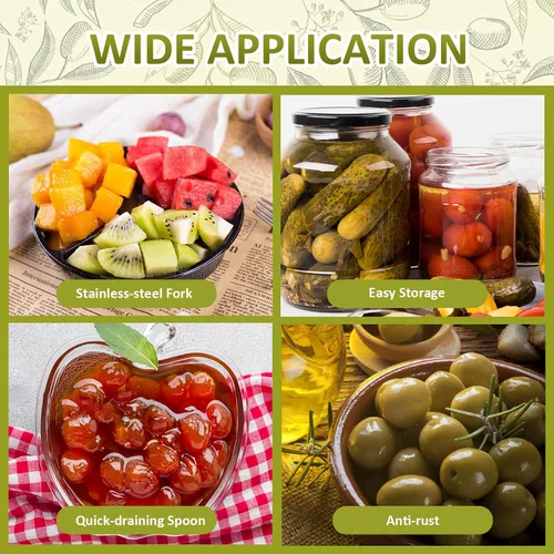 Miniatura 6 de Juego de 6 pinzas para servir de cocina con mango largo, tenedor para pepinillos, cuchara de aceituna con orificio de drenaje, colador de acero