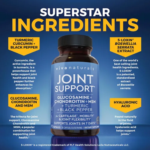 Miniatura 2 de Viva Naturals Suplemento de apoyo articular de glucosamina condroitina MSM, 90 cápsulas - con cúrcuma, pimienta negra, boswellia y ácido hialurónico