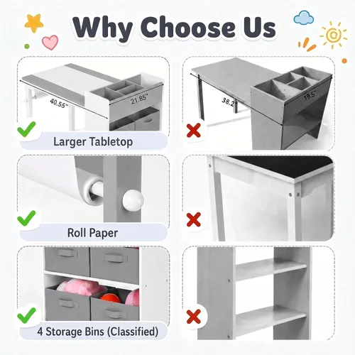 Miniatura 4 de Arlopu - Juego de mesa y 2 sillas de arte para niños, mesa de actividades de madera para niños de gran tamaño, escritorio de dibujo robusto con gran