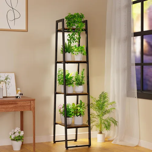 Simple Trending - Soporte de metal alto de 4 niveles con luz de crecimiento, estante de escalera resistente para plantas de interior, soporte de