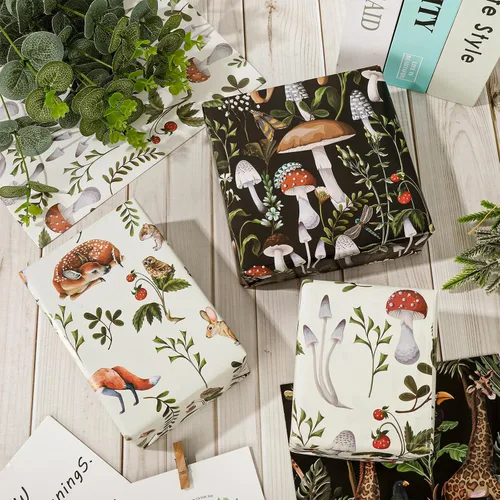Miniatura 4 de AnyDesign Papel de regalo, papel de regalo de hongos de animales negros y blancos, plegado a granel, papel de arte plano con estampado de jirafa