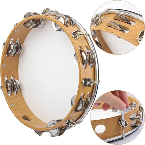 Miniatura 3 de Pandereta de 10 pulgadas para adultos, tambor musical de mano con doble jingles de metal, panderetas de mano para iglesia, baile, fiesta, decoración