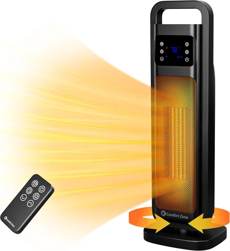 Comfort Zone - Calentador de torre digital oscilante con control remoto para uso en interiores, termostato ajustable, temporizador, protección