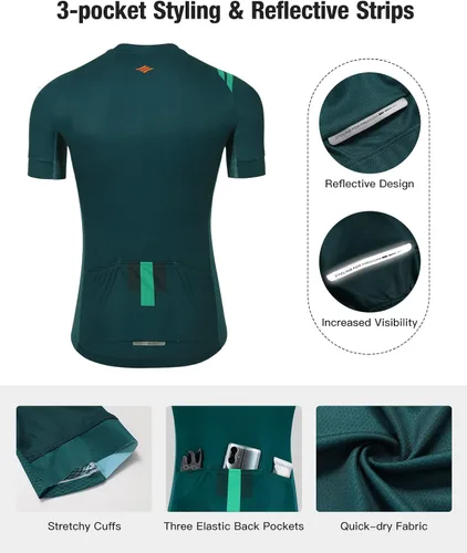 Miniatura 3 de Santic Camiseta de ciclismo para hombre, manga corta, camiseta de ciclismo de carretera, con cremallera completa, UPF 50+, MTB con bolsillos