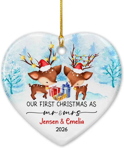 Miniatura 21 de Nuestro adorno de cerámica casado de 2ª Navidad, regalo personalizado de adorno de boda de oso polar, regalo de adorno de boda, Mr Mrs Married