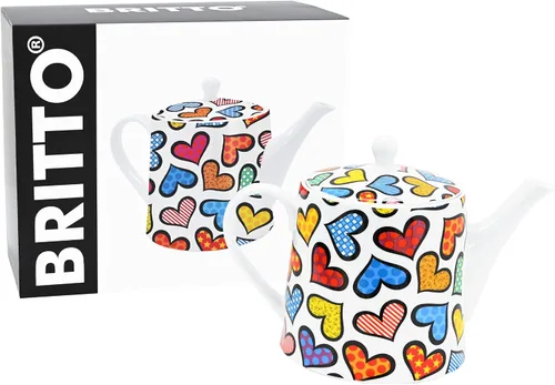 Miniatura 2 de Romero BRITTO - Olla de café y té de porcelana de hueso, 28.7 onzas, corazones, diseño de ilustraciones felices