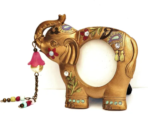 Miniatura 2 de Marco de fotos de elefante indio dorado pequeño con flores pintadas, decoración bohemia bohemia acentos decoraciones