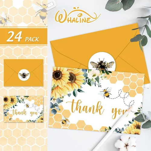 Miniatura 3 de Whaline 24 tarjetas de agradecimiento de abeja de girasol a granel, tarjetas de felicitación florales de verano con adhesivo sobre para boda, baby