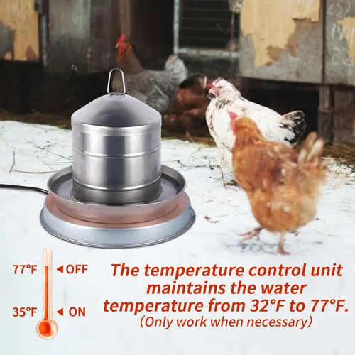 Miniatura 4 de Calentador de agua de pollo para invierno, base de agua para aves de corral calentada de 110 W, con termostato y cable de alimentación de 9.8 pies