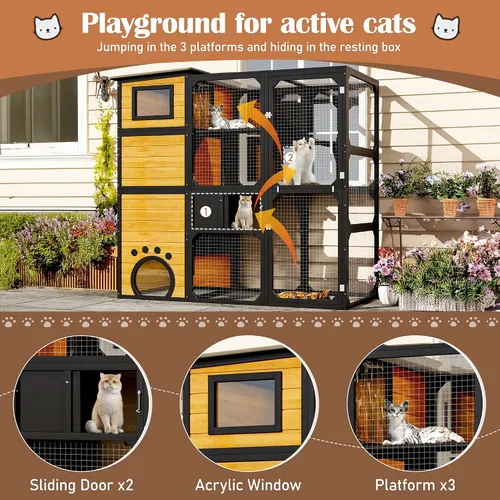Miniatura 3 de Merax Catio - Caja grande para gatos de 4 niveles para exteriores, casa para gatos resistente a la intemperie fijada a la ventana para múltiples