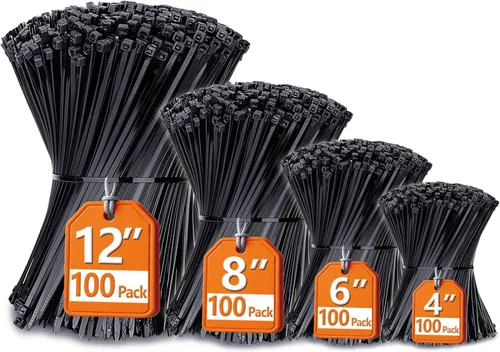 ANOSON - Bridas de varios tamaños (4 + 6 + 8 + 12 pulgadas), paquete de 400 bridas negras, bridas de alambre resistentes a los rayos ultravioletas