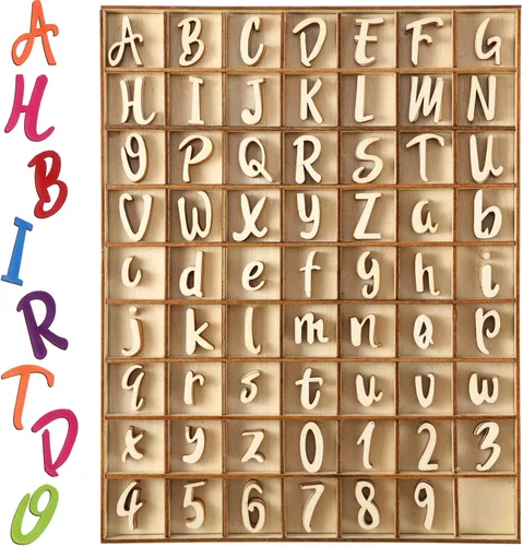 Blulu 248 letras del alfabeto de madera de 1 pulgada, números de letras de madera sin terminar, números para manualidades con bandeja de Color madera