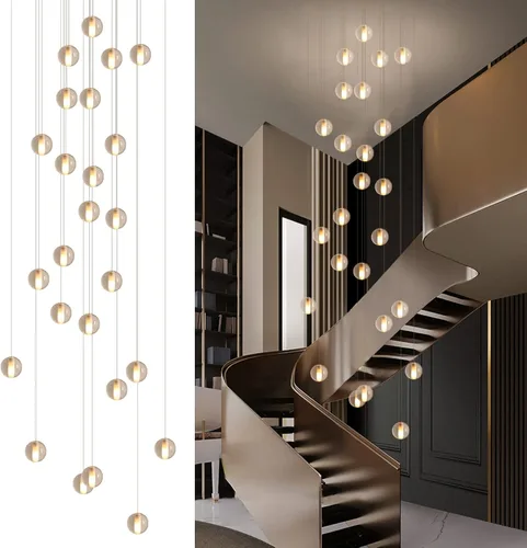 Miniatura 2 de Lámpara de escalera de 25 luces para techo alto, lámpara colgante de gota de lluvia de cristal moderno ajustable, luz colgante larga y grande