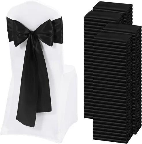 Miniatura 15 de 60 bandas para sillas de satén negro, diseño de lazos con lazos, para decoración de sillas para Acción de Gracias, boda, Navidad, banquetes