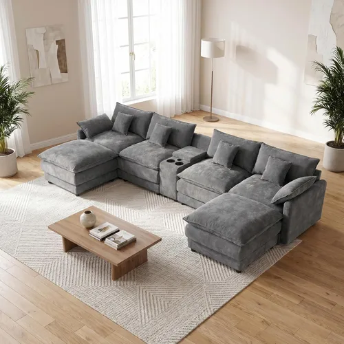 Miniatura 22 de Sofá modular de gran tamaño de 145 pulgadas, sofá de nube en forma de U, moderno juego de sofá de 6 asientos para sala de estar, cómodo asiento Gris