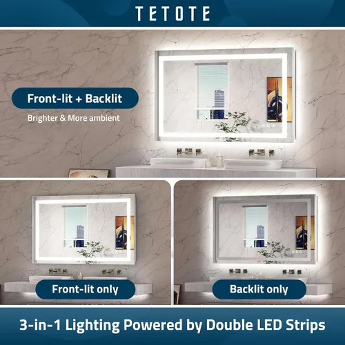 Miniatura 2 de TETOTE Espejo de tocador LED de 48 x 24 pulgadas, espejo de baño iluminado con función regulable y antiniebla, espejo de maquillaje con luces