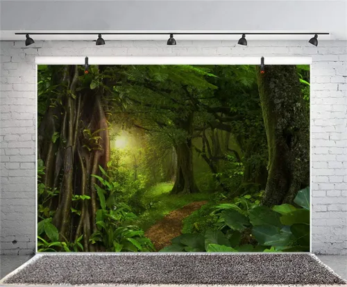 Miniatura 4 de Telón de fondo de fotos de cuento de hadas de 5 x 3 pies para niños, fiesta de cumpleaños, eventos, decoración de bosque perenne, selva, paisaje