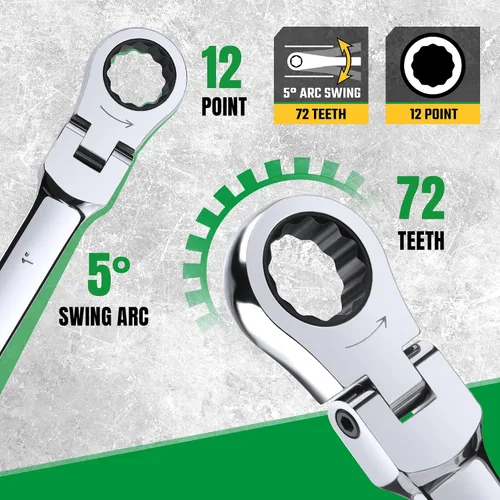Miniatura 6 de SK Juego de llaves de trinquete con cabeza flexible, juego de llaves combinadas, 25 piezas, SAE 1/4" a 1", métrico 8 a 19mm, 72 dientes
