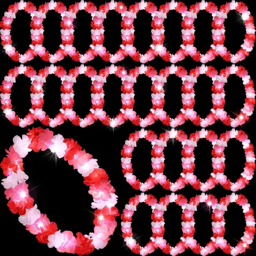 Miniatura 9 de Sherr 24 piezas Collares de leis LED iluminados, collares de flores hawaianas con luces LED para bodas, playa, tropical, carnaval, suministros