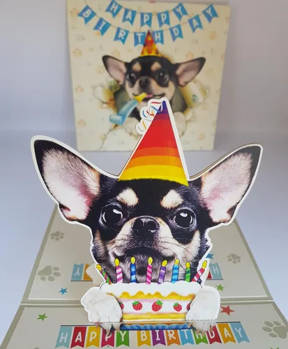 Miniatura 4 de DongNaiWin Tarjetas desplegables divertidas de cumpleaños 3D de Chihuahua negro, tarjetas emergentes de cumpleaños 3D de Chihuahua, tarjetas