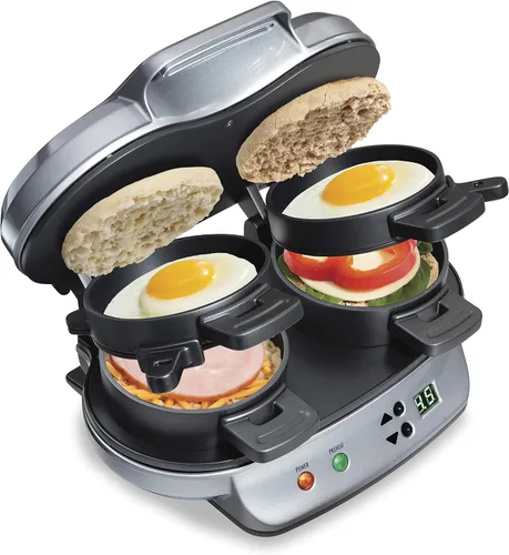 Hamilton Beach Sandwichera doble para desayuno con temporizador, lista en 5 minutos, anillo para cocinar huevos antiadherente libre de PFAS, apto