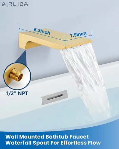 Miniatura 3 de Airuida Grifo de bañera de montaje en pared con boquilla de cascada, grifo de bañera montado en la pared con ducha de mano de una sola manija, juego