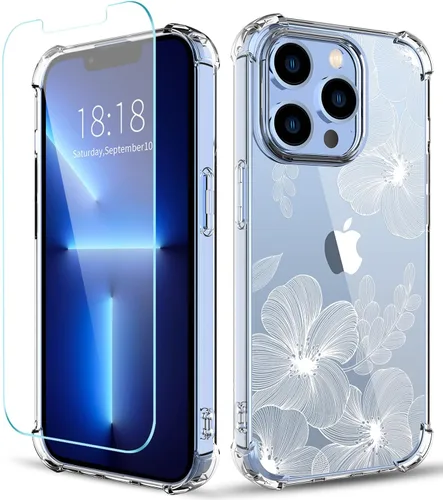 Miniatura 10 de Funda con diseño de patrón de flores para iPhone 13 Pro Max [con protector de pantalla], funda transparente floral para teléfono de mujer a prueba