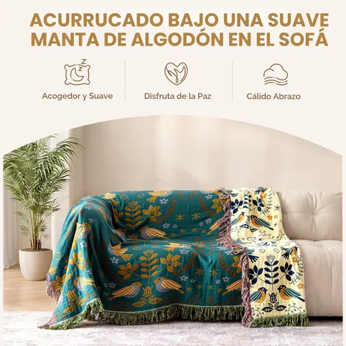 Miniatura 3 de LUTBM Manta bohemia 100% algodón suave con diseño de pájaros y flores, doble bordado, transpirable, para verano, 50 x 60 pulgadas, para todas