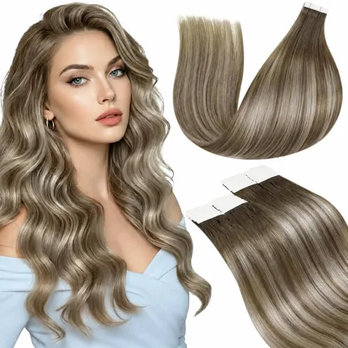 Miniatura 25 de LaaVoo Extensiones adhesivas de cabello humano real, color negro azabache, extensiones de cabello humano liso y sedoso, 10 pulgadas, 20