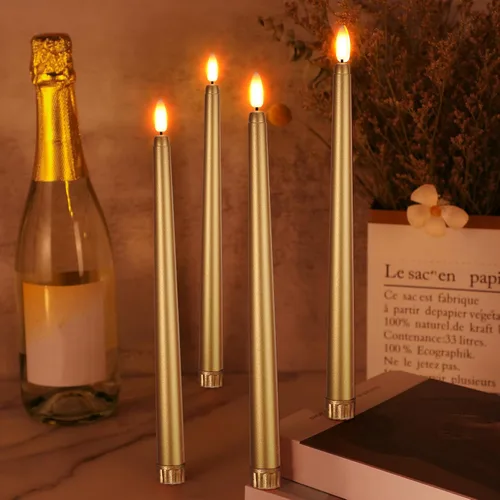 Miniatura 7 de Macarrie 24 Paquetes de Velas Cónicas Sin Llama Operadas con Batería Falsas de 11 Pulgadas de Largo Luz de Vela LED Sin Llama Candelabros Dorado