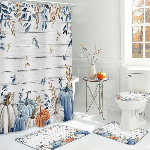 Miniatura 8 de MEHOFOND Juego de 4 cortinas de ducha de otoño con hojas de arce y calabaza, hojas de otoño, cosecha, Acción de Gracias, acuarela, decoración
