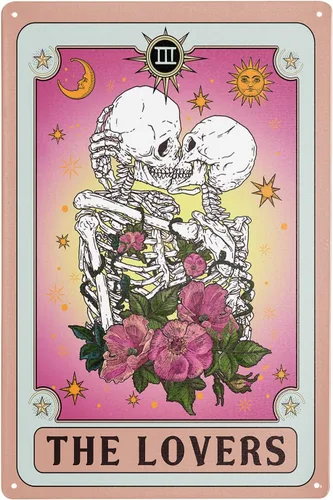 Miniatura 8 de Giwawa Kissing Lover Tarjeta de tarot de metal con diseño de calavera rosa retro de 12 x 8 pulgadas, decoración de pared, sol, luna, flor, floral