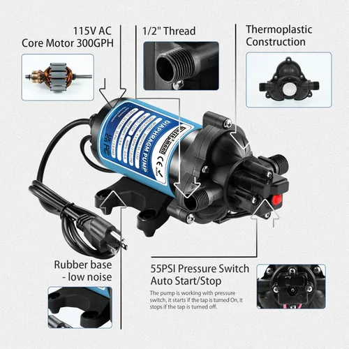 Miniatura 3 de WASSERMANN 115V AC Water Diaphragm Pump,4.5GPM 55PSI 1/2" NPSM with 8.2ft Power Cord & Plug,Self-Priming Fresh Water Pressure Booster Pump,Pressure