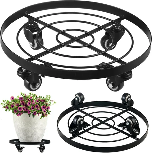 Miniatura 9 de Paquete de 3 posavasos de metal para plantas de 10.6 pulgadas, con ruedas, soporte rodante resistente para plantas con ruedas para interiores y Negro