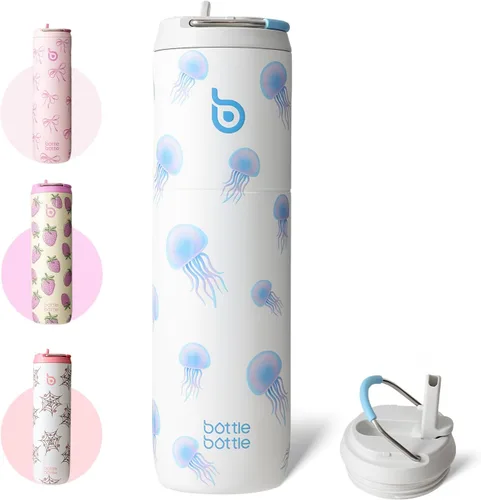 Miniatura 28 de BOTTLE BOTTLE Botella de agua aislada de 24 onzas con tapa de popote y asa para deportes, viajes, gimnasio, botellas de agua de acero inoxidable