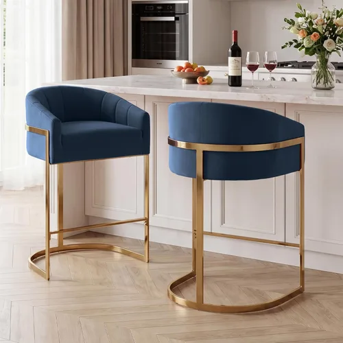 Miniatura 12 de Juego de 2 taburetes de bar de altura de mostrador, modernos taburetes de mostrador tipo barril de 27" de altura con respaldo tipo concha, taburetes