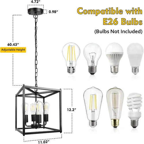 Miniatura 4 de Unicozin Candelabro de granja negro de 4 luces, lámpara colgante de linterna de hierro, jaula rústica de altura ajustable, base E26, luces colgantes