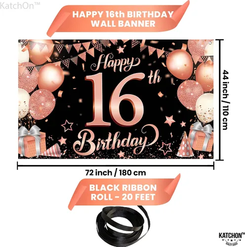 Miniatura 2 de KatchOn Cartel de feliz cumpleaños número 16 de oro rosa, grande de 72 x 44 pulgadas, decoraciones de fiesta de dulces 16, telón de fondo para niñas