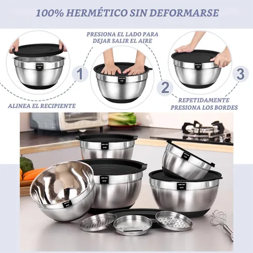 Miniatura 6 de Umite Chef Cuencos para Mezclar con Tapas Herméticas, Juego de 8 Cuencos de Acero Inoxidable para Mezclar Anidables, 3 Accesorios de Rallador y Negro
