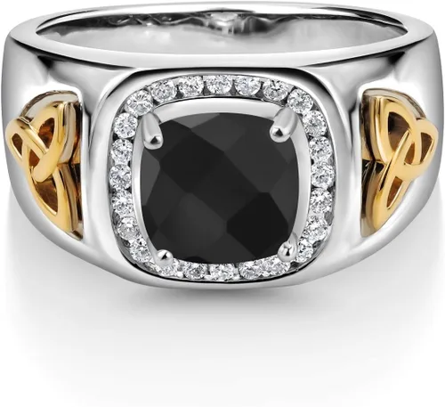 Miniatura 3 de Gem Stone King 8MM Cushion Cut Ring for Men Gemstone Birthstone and Lab Grown Diamond 925 Sterling Silver & 10K Yellow Gold Available in Sizes