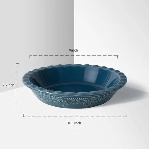 Miniatura 3 de Fun Elements - Molde para tartas de cerámica de 9 pulgadas, sartén profunda con relieve de encaje, plato con volantes para hornear, juego de 2, azul