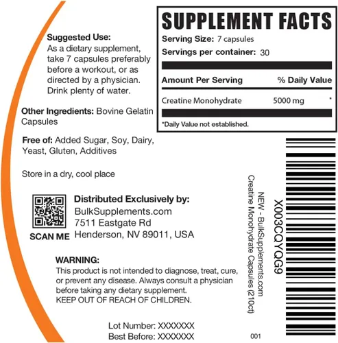 Miniatura 6 de BulkSupplements. com Creatina Monohidrato Cápsulas – Monohidrato de creatina micronizada, nutrición deportiva – 7 cápsulas por porción, 5000 mg, sin
