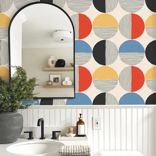Miniatura 4 de VEELIKE Papel tapiz geométrico moderno para despegar y pegar, papel tapiz geométrico bohemio de mediados de siglo para dormitorio y baño, 17.7 x 118