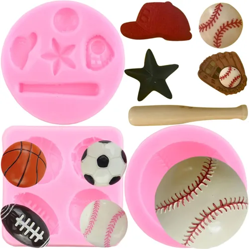 ZiXiang Moldes de silicona para béisbol, bate de béisbol, guante, sombrero, fondant, baloncesto, fútbol, rugby, chocolate para decoración de